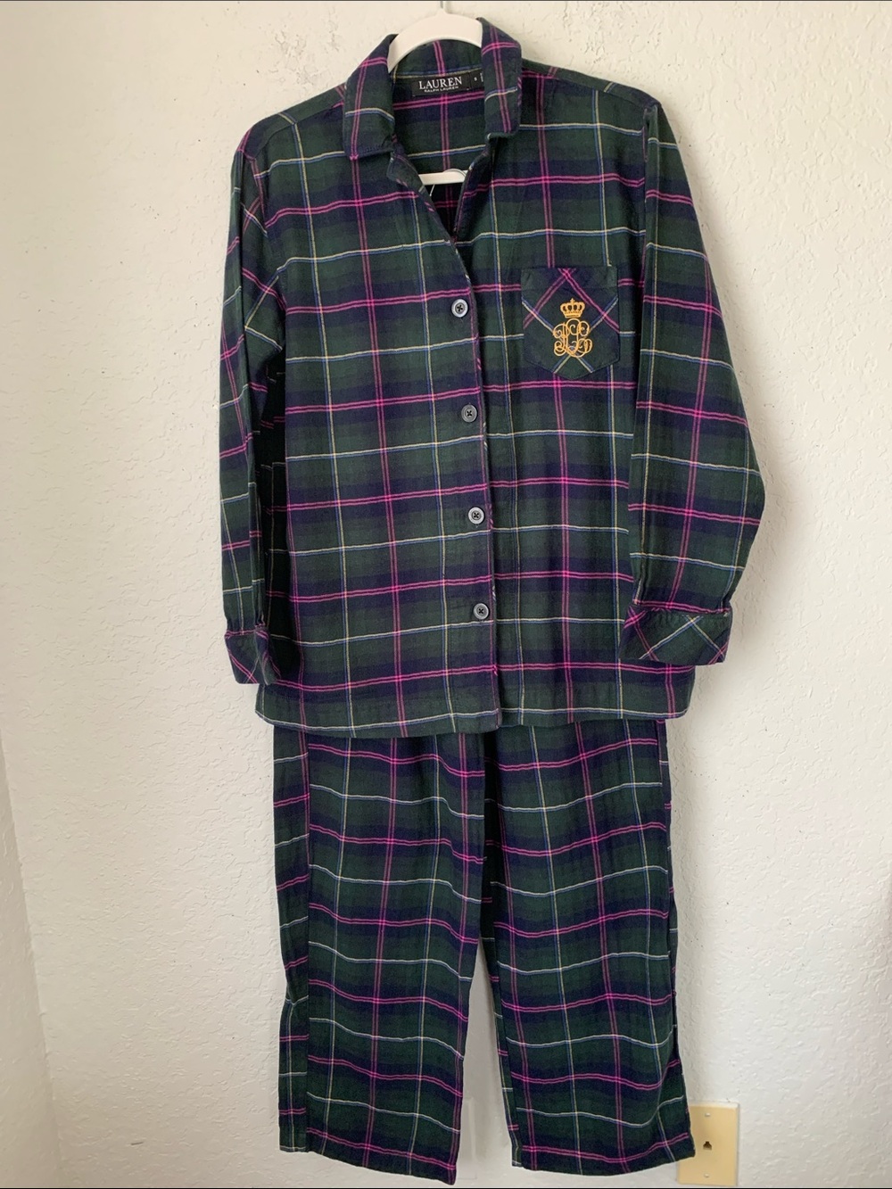 Lauren Ralph Lauren Women Green Plaid Pajama Set with Pink Accents Size S - Picture 1 of 12
